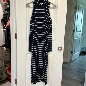No shoulder navy blue striped long sleeve dress